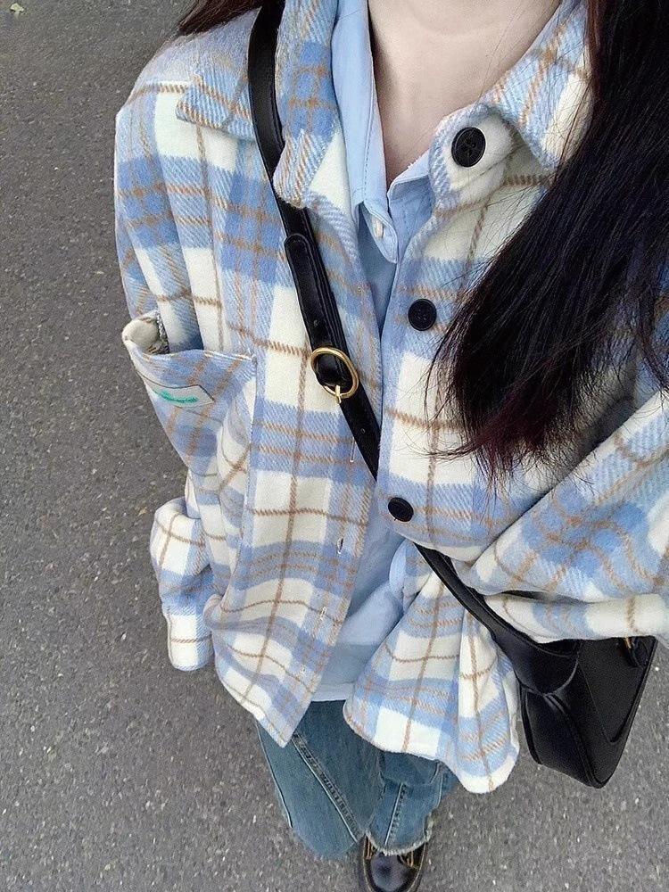 Women's 2026 Early Spring Retro Yellow Plaid Loose Shirt Jacket