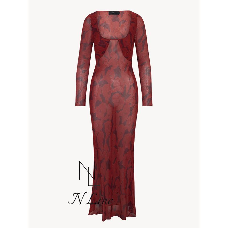 

Fashion Straight Realisationpar French Style Square Collar Long Sleeve Elegant Silk Dress Print Dress Red Print L