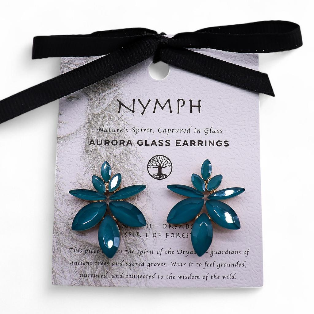 Teal Green Glass Floral Stud Earrings Gold-Tone
