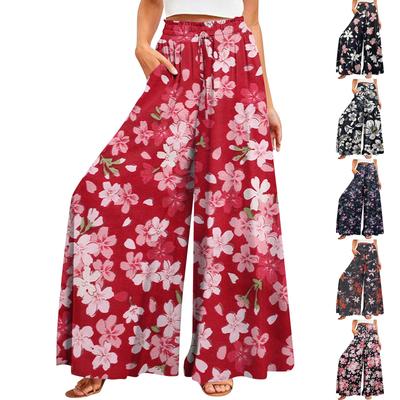Kadın Yaz Geniş Bacak Pantolon Yüksek Belli Akan Cepler Moda Rahat Rahat Bohem Baskılı Plaj Pantolon