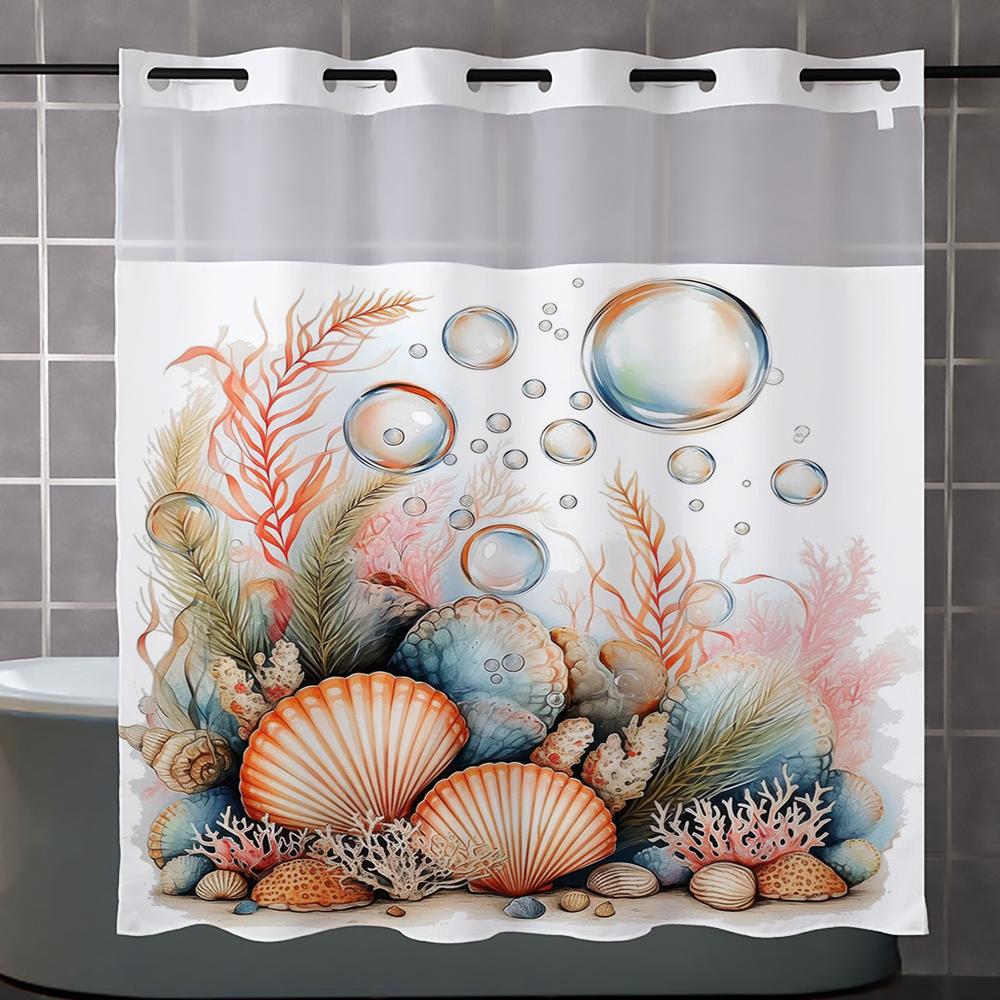 

Занавеска для душа с узором ракушек без крючков, с тканевой подкладкой на кнопках, прозрачным верхом-окном, водонепроницаемая двухслойная занавеска для ванны 180X188cm синий