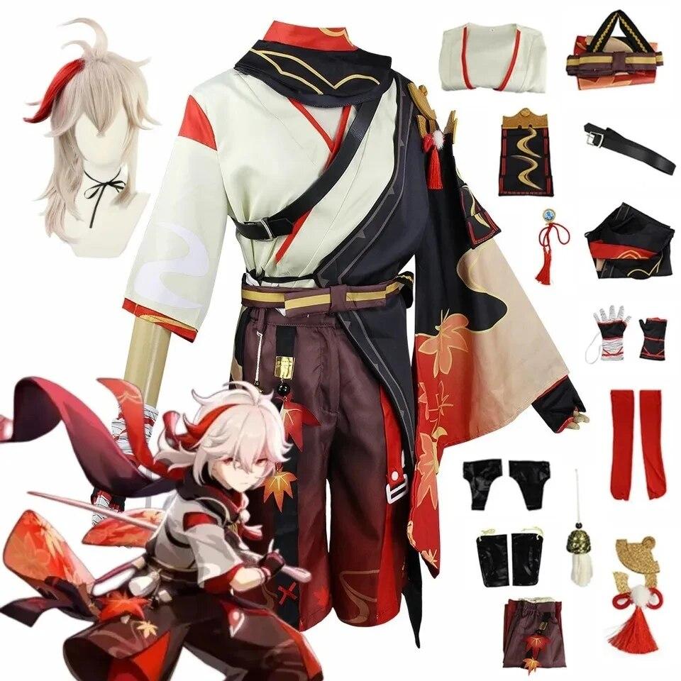 Kaedehara Kazuha Cosplay Costume Halloween Carnival Samurai Costume Wig Red Glasses