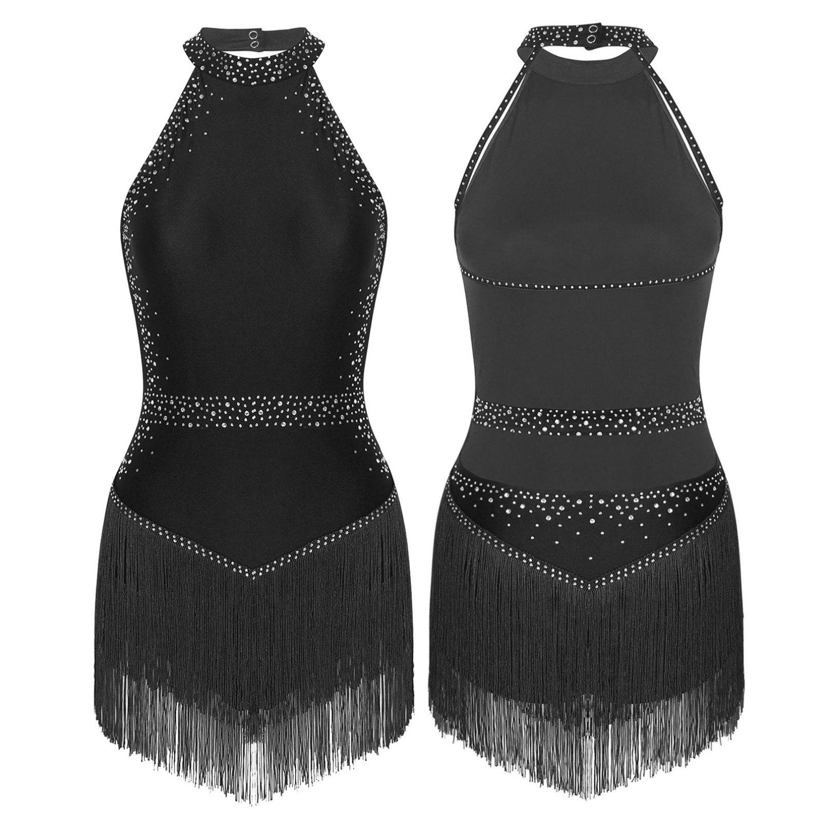

Жіноче трико для латиноамериканського танцю зі стразами, бахрома, сальса, ча-ча, румба, костюм для бальних танців, коктейльне плаття чорний