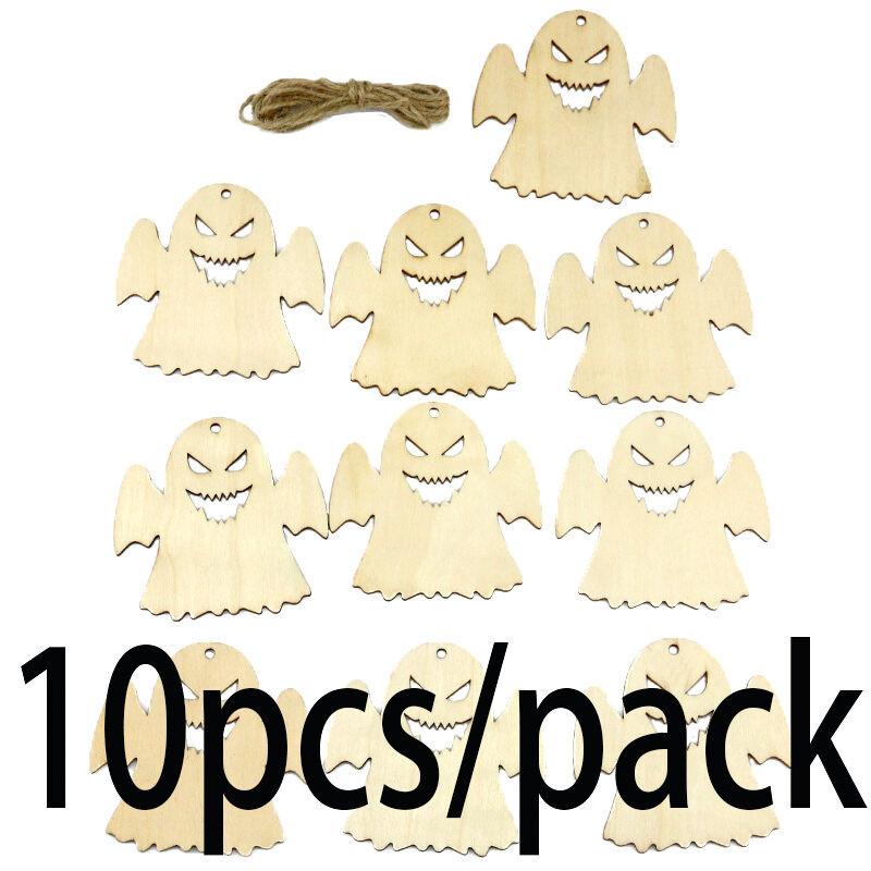 (10pcs/pack) 8cm Halloween DIY Wooden Ghost Decoration Pendant Festival Party Scene Decorations Props Accessories DIY