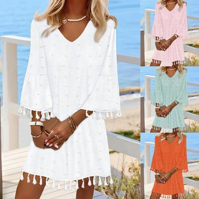 Γυναικεία Μονόχρωμα Φορέματα με V-Neck και Μεσαίο Μανίκι, Χαλαρά, Καθημερινά, Φούντες
