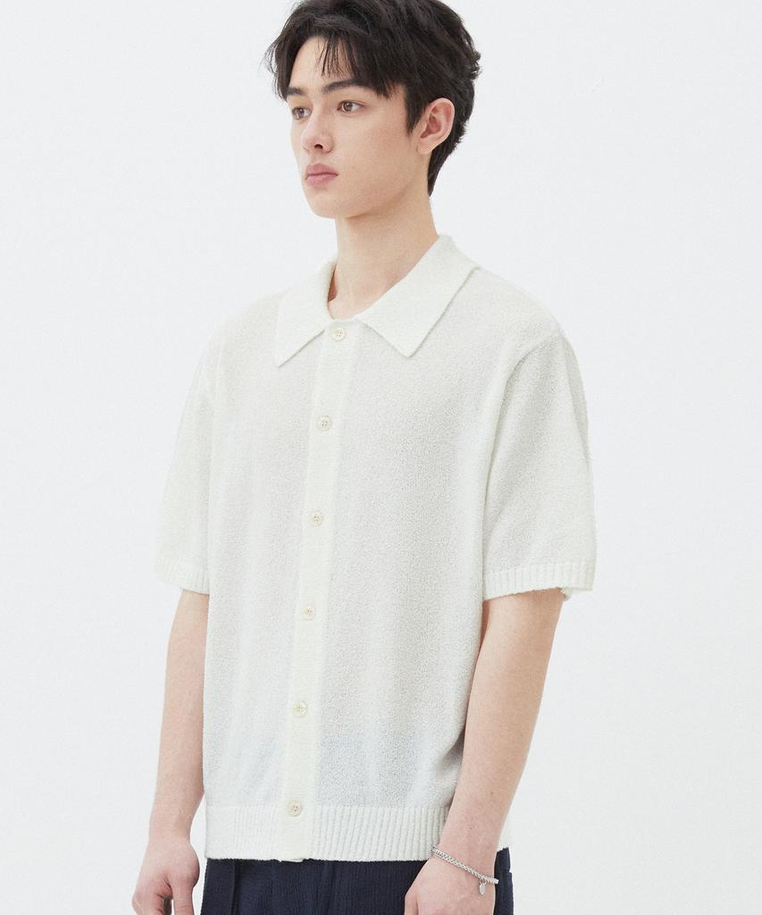 TRILLION Washable Boucle Collar Short Sleeve Knit (Cream White)