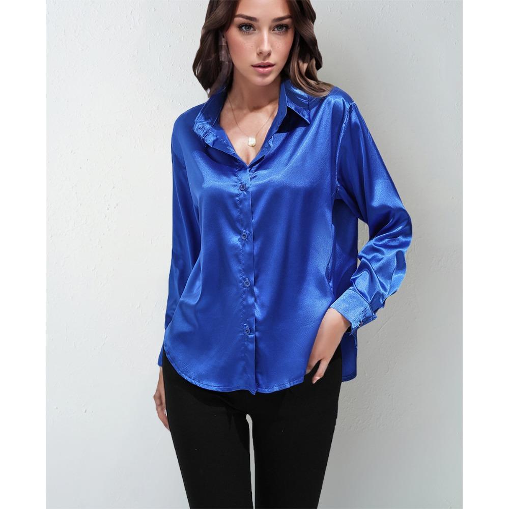 GMXIA Sateng Silkelignende Langermet Ensfarget Skjorte for Kvinner, Elegant Knappedetalj foran med Krage