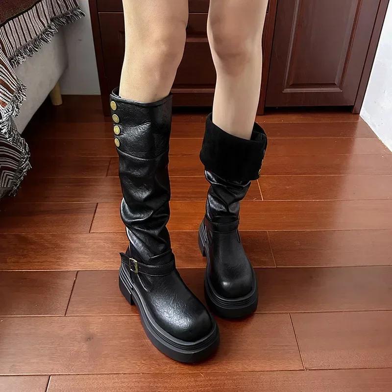 Fashion Long Boots Women's Autumn and Winter New Style Leather Buckle Strap Thick Soled Boots Fashionable British Knee High Knight Boots