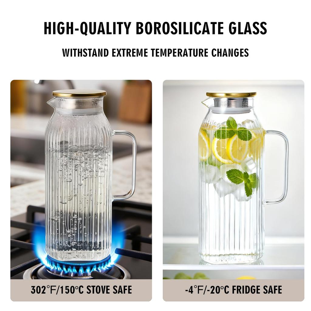 GLASKEY Square Glass Pitcher with Classic Stripe Water Pitcher with Handle for Juice Borosilicate Glass Carafe for Hot and Cold Brew Drinks 2.1L Lid,