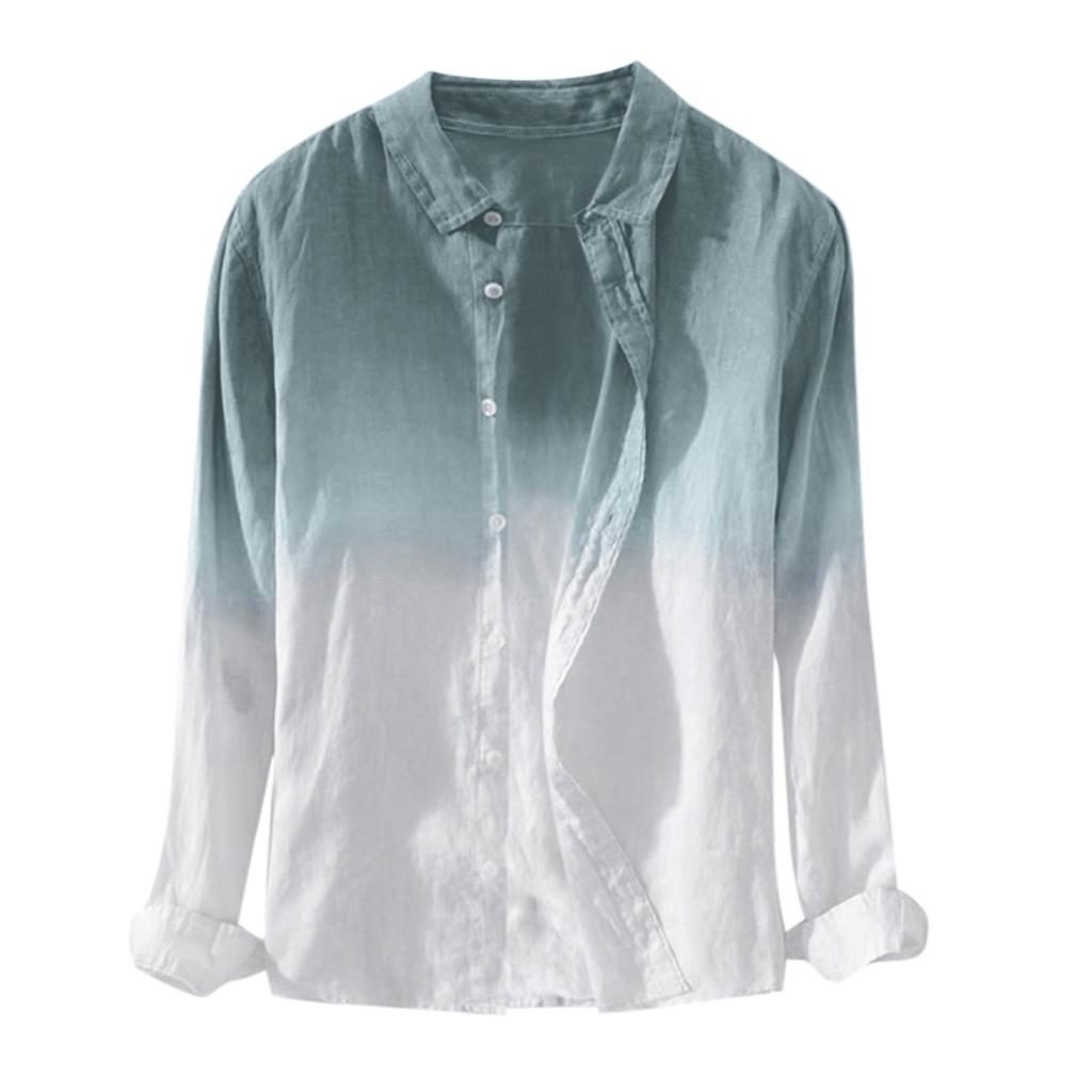 Summer Mens Cool Thin Breathable Lapel Collar Hanging Dyed Gradient Cotton Shirt