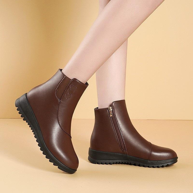 Winter Soft Leather Cotton Shoes Non-slip Soft Sole Medium Flat Bottom Short Boots Cotton Boots Velvet Warm Leather Boots