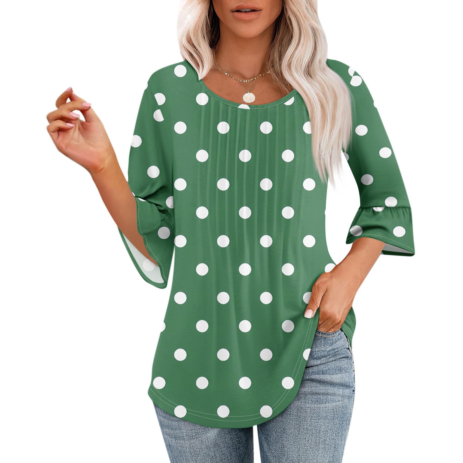 

Женские топы с рукавами-колокольчиками 3/4, летние плиссированные рубашки с круглым вырезом, модные нарядные повседневные блузки-туники свободного покроя XXXL