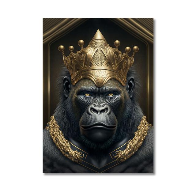 Metal Sculpture Gorilla King Canvas Painting Print Golden Lion Tiger Deer Bull Poster Art Animal Statue Picture Wall Decoration
