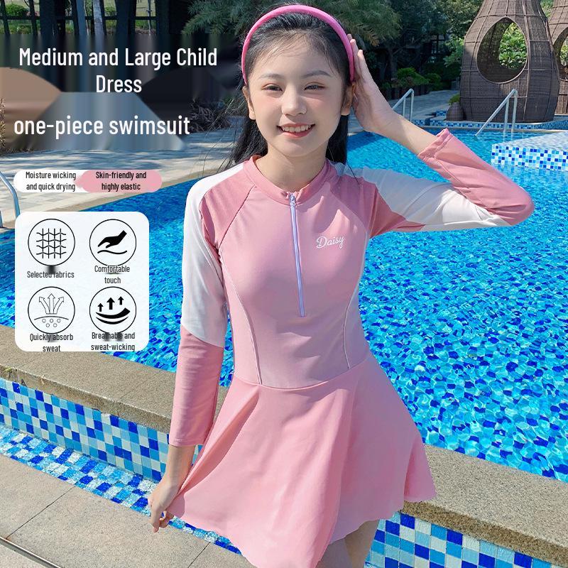 2025 Girls' Long Sleeve One-Piece Swimsuit: Youth Professional Sunscreen Swimwear