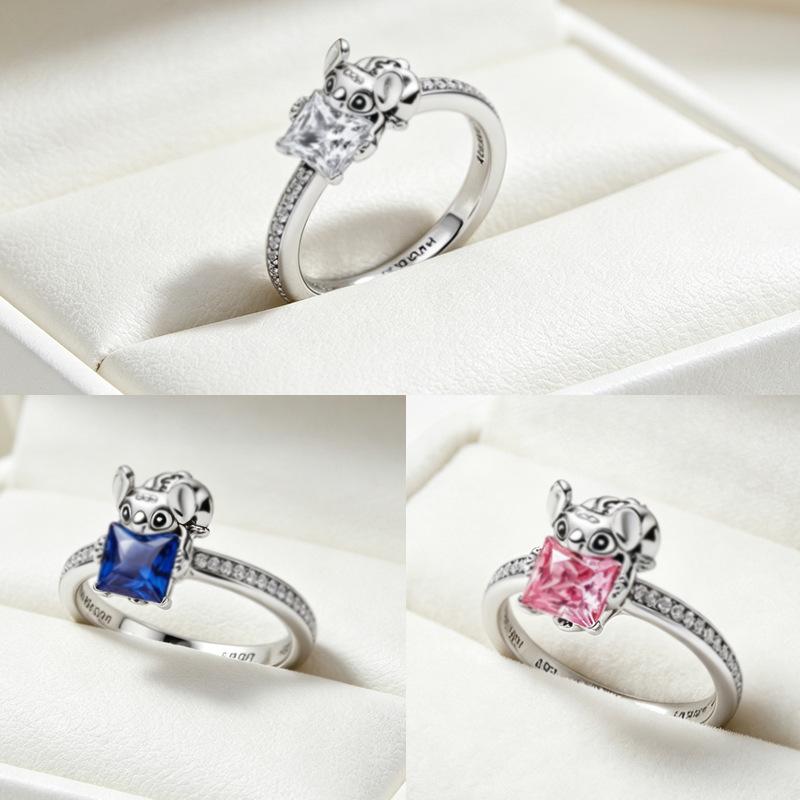 New Stitch Cute Cartoon Ring Cross-border Foreign Trade Shining Diamond Pink Blue and White Ring