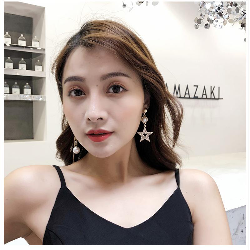 Five-pointed Star AB Asymmetric Super Flash Star Earrings Silver Needle Long Tassel Temperament Earrings Pearl Earrings