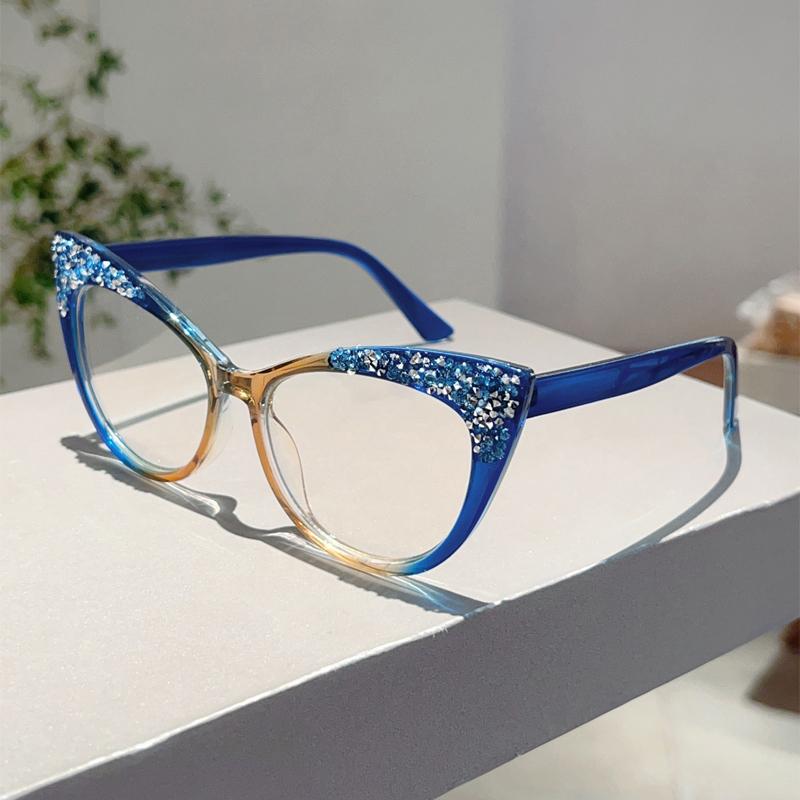 KAMMPT Fashion Cat Eye Multi Color Frame Women's Trendy Crystal Shiny Glasses Non-prescription Original Brand Design Eyewear