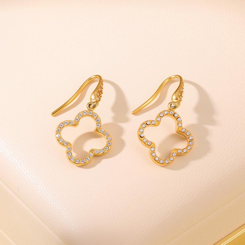 Earrings with Luxurious and Sophisticated Appeal. Hollow-set Diamond Four-leaf Clover Heart Titanium Steel Earrings. Girls  Fringed Earrings. Golden - Four-leaf