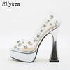 Eilyken Design Rivet Crystal PVC Transparent Women Pumps Open Toed High Heels Sandals Sexy Night Club Wedding Platform Shoes Size 35-41
