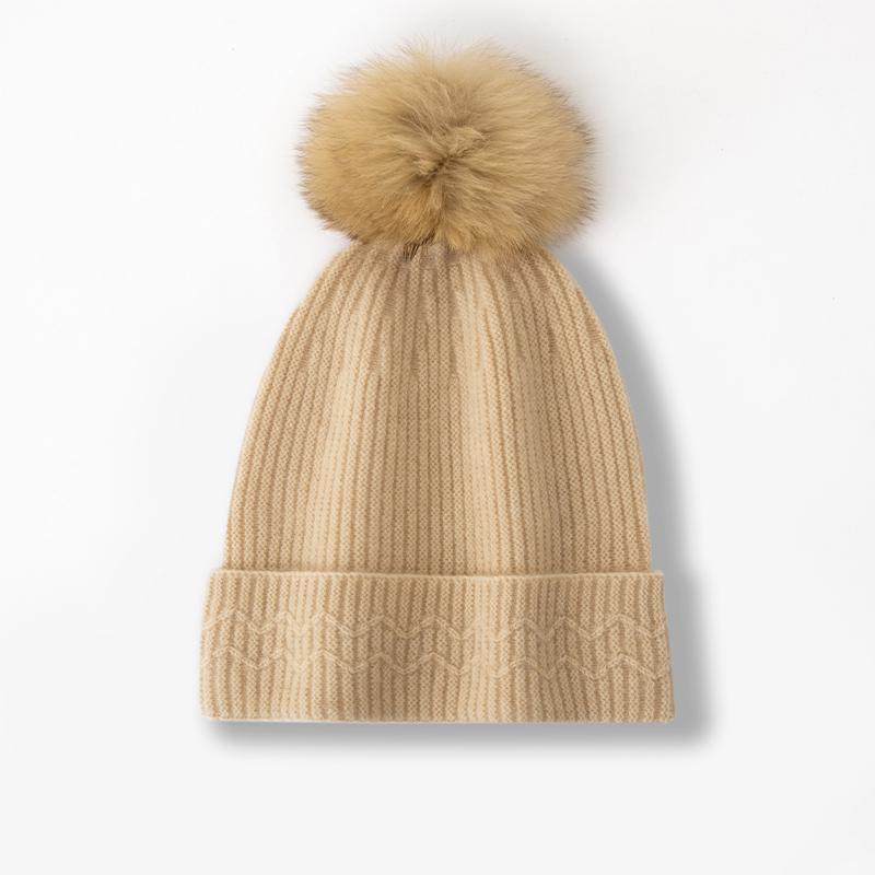 Women 100% Pure Cashmere Beanie Hat Pom Pom Detail Rib Knit Winter Warm Soft Slouchy Skullies Cap Cold Weather Accessory