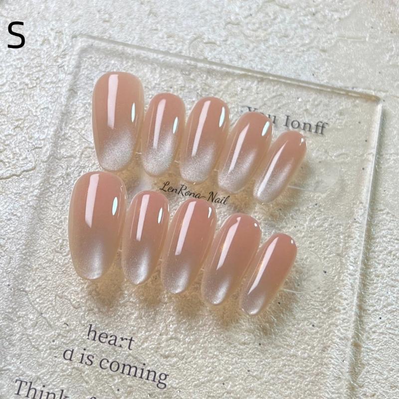 Solid Color Press On Nails, Ice Transparent Cat Eye Nails Handmade Nude Skin-Flattering Nail Patches