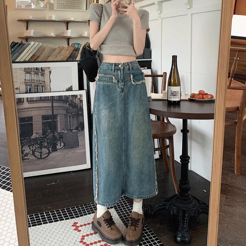 

Весна 2025 Женская джинсовая юбка А-силуэта с высоким поясом и разрезом S синий