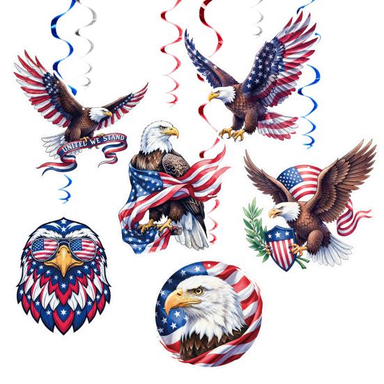 48 Pcs Patriotic Hanging Swirls Decoration Eagle American Flag Ceiling Hanging Foil Streamers for Veteran Day Party Supplies