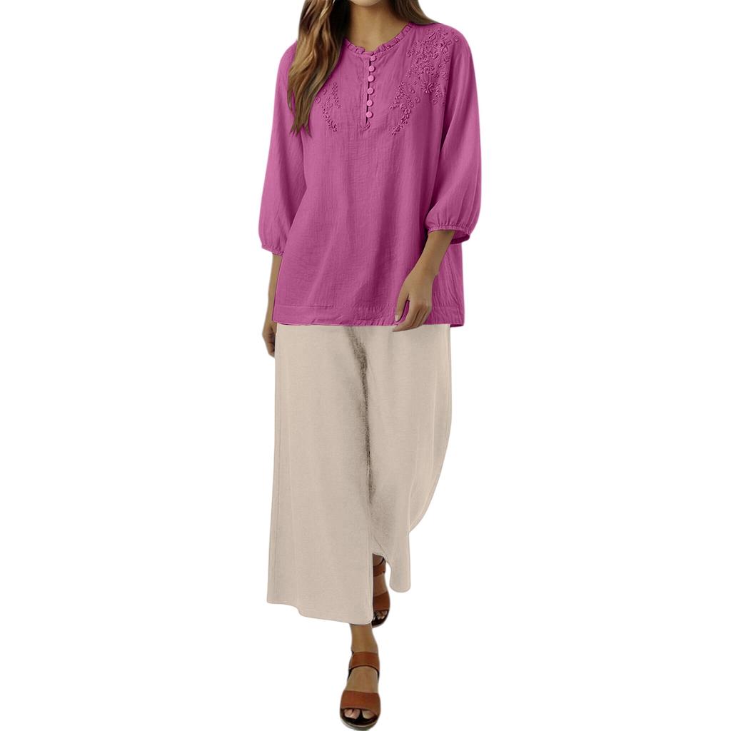 Women Embroidered Lace Loose Fit Three Quarter Sleeve Top and Wide Leg Pants Two Piece Set Casual Outfit Suit