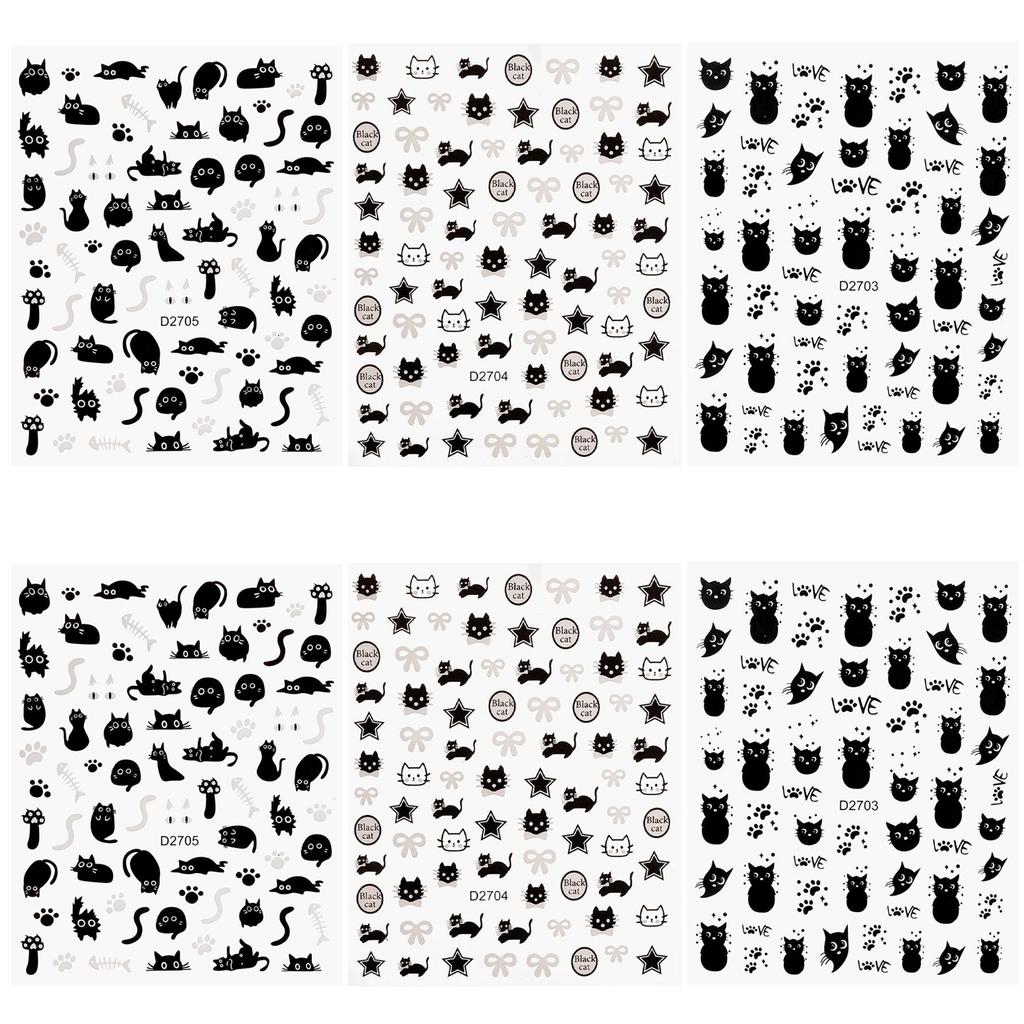 1-6pcs Black Cat Stickers Cute Cartoon Graffiti Cat Nail Stickers Art Self Adhesive Decals Heart Bowknot Stars Manicure Tools