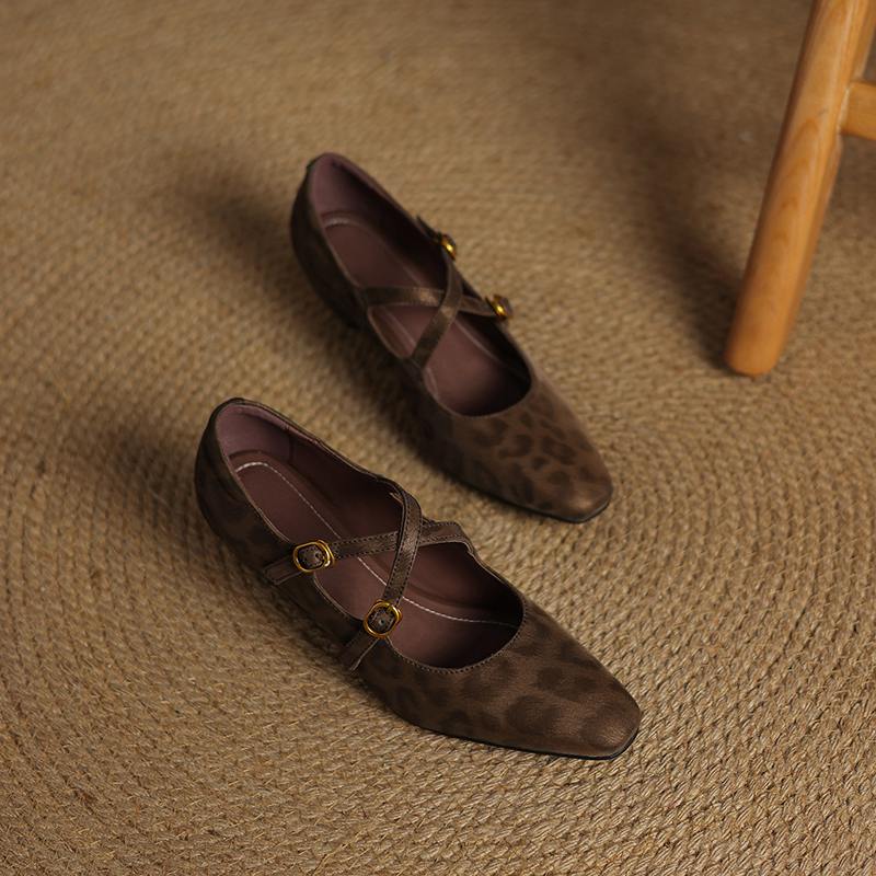 Krazing Pot Cow Skin Spring Summer Size 43 Size 42 Size 41 Thick Med Heels Women Square Toe Leisure Leopard Pumps