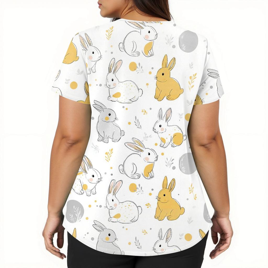 Women's Fashion V-neck Short Sleeve Workwear With Pockets Printed Tops