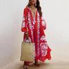 Women Summer Bohemian Floral Print Maxi Dress Deep V Neck Long Sleeve Oversized A Line Flowy Hem Retro Beach Vacation Tassel Dress