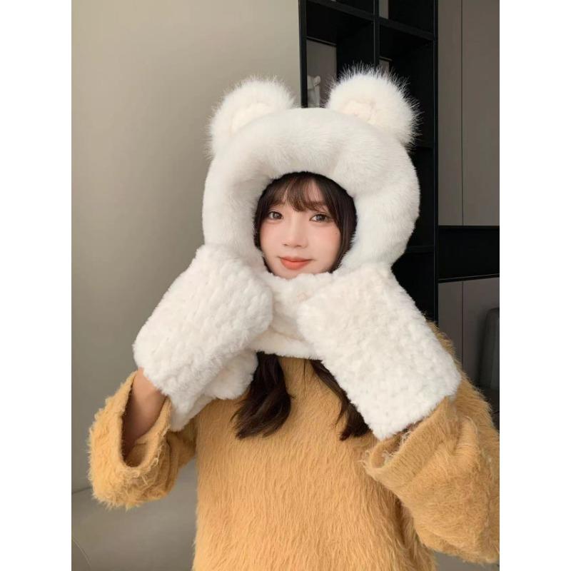 Bear Hat for Women In Autumn and Winter Autumn and Winter Plush Yarn Tie Neck Ear Protection Hat Scarf Gloves Three Piece Set