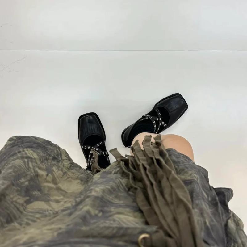 Leather Punk Style Spring New Cross-band Ballet Shoes Women's Square Head Thick Heel Mary Jane Single Shoes High Heels