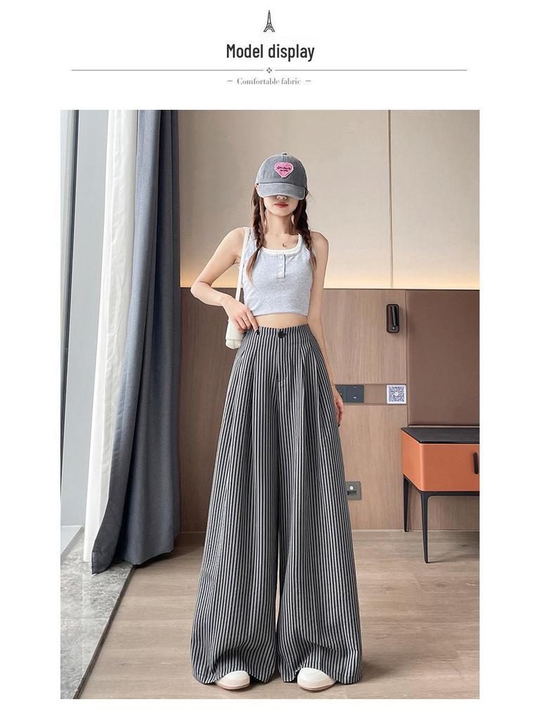 Women's Summer Ice Silk Striped Wide-Leg High-Waisted Pants - Thin, Slimming, Loose, Floor-Length, Casual Straight-Leg.