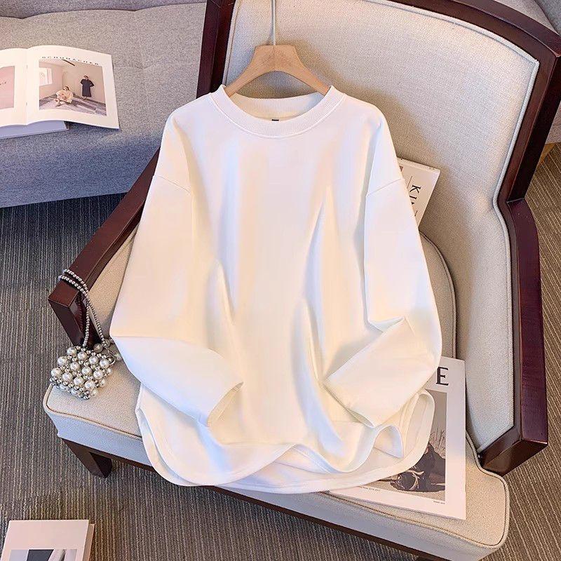 Women's Loose Plush Base Layer Mid-Length Split Long-Sleeve Tee