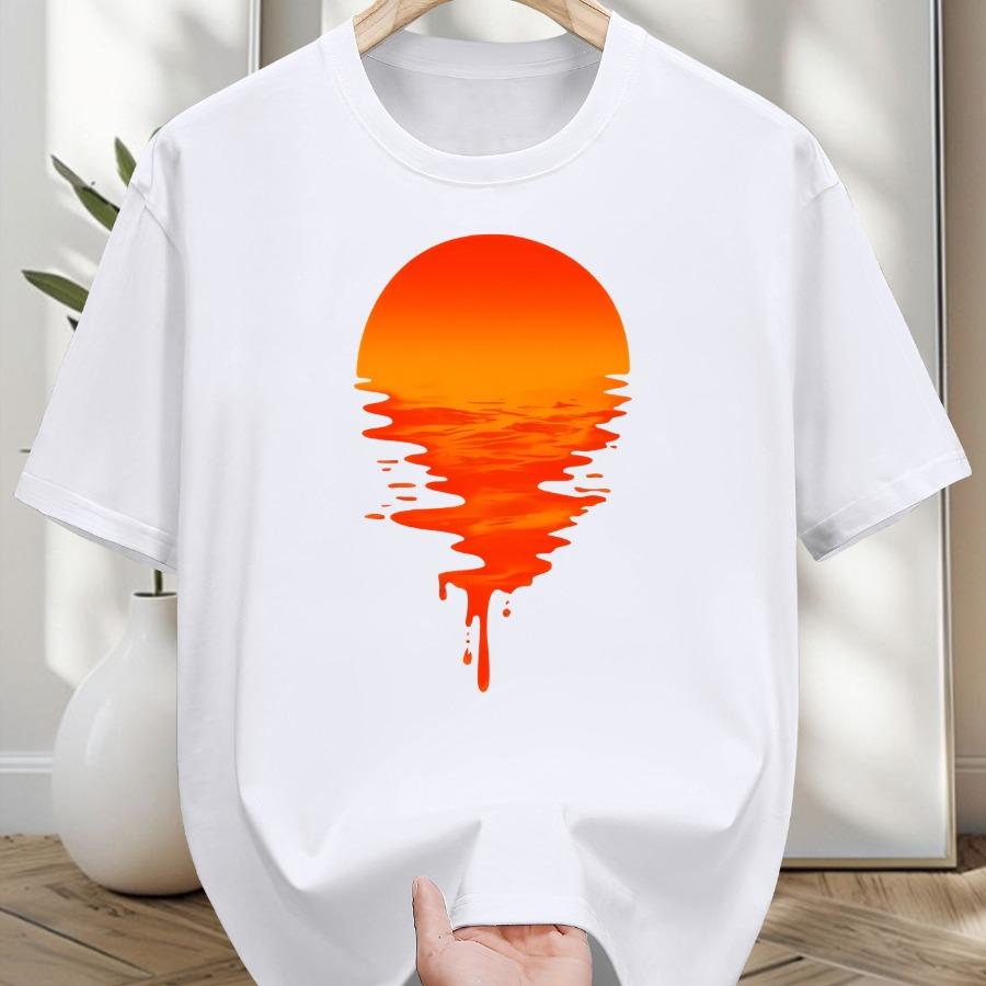 Men's Heavyweight 180gsm Crew Neck T-Shirt- Vibrant Orange and Red Sunset Pattern Print, Breathable Summer Casual T-shirt