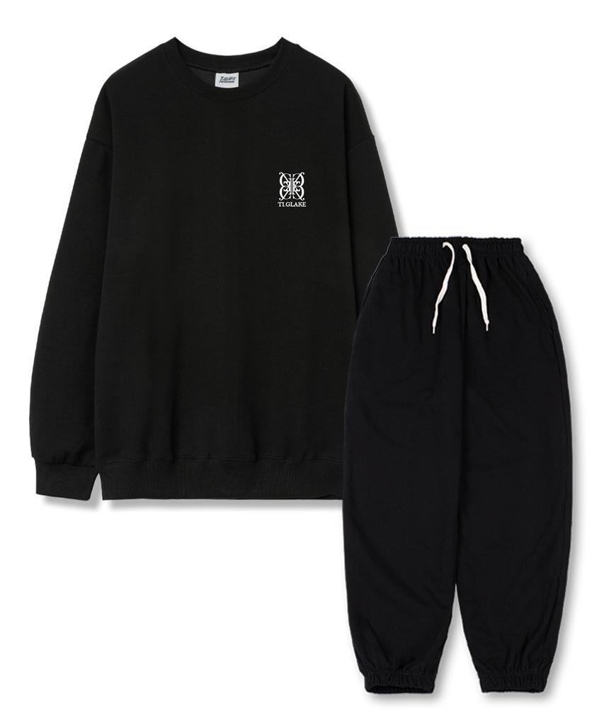 TI.GLAKE Big Logo Story Fleece-Lined Sweatshirt Jogger Training Pants Set Black