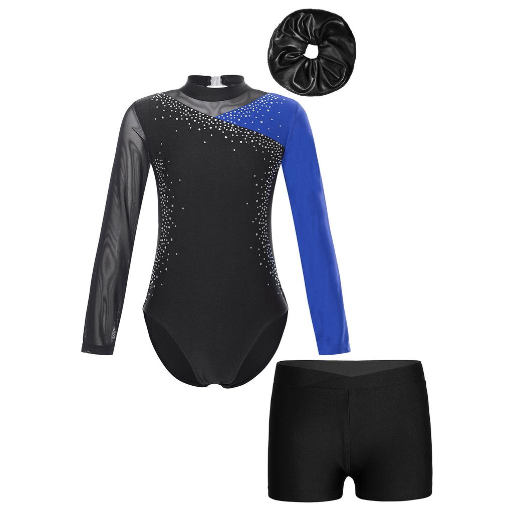 Kids Girls Gymnastic Performance Outfit Shiny Rhinestone Color Block Patchwork Long Sleeve Leotard with Shorts Hair Band