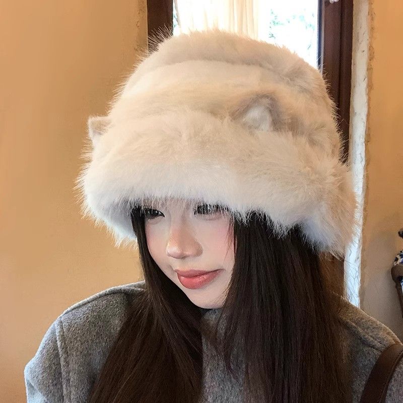 Cute Cat Ears Bucket Hat Women's Winter New Cold and Warm Plush Hat Big Head Circumference Basin Hat