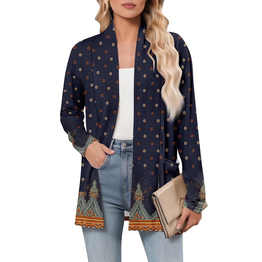 Damen Langarm Strickjacke V-Ausschnitt Mode Bedrucktes Hemd Leicht Lässig Locker Dünne Strickjacken Mit Taschen