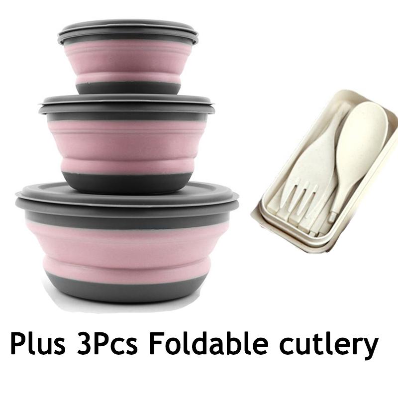 Portable Folding Lunch Box Bowl Sets Silicone 3Pcs/Set Food Container Outdoor Camping Tableware Set Foldable Salad Bowl with Lid
