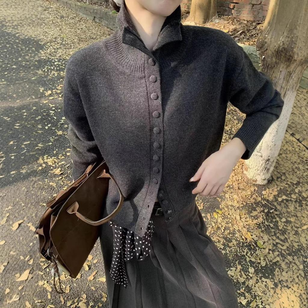 Gentle Soft Sticky High Neck Knitted Cardigan Female Fall Loose Single-breasted Short Section Lapel Sweater Coat