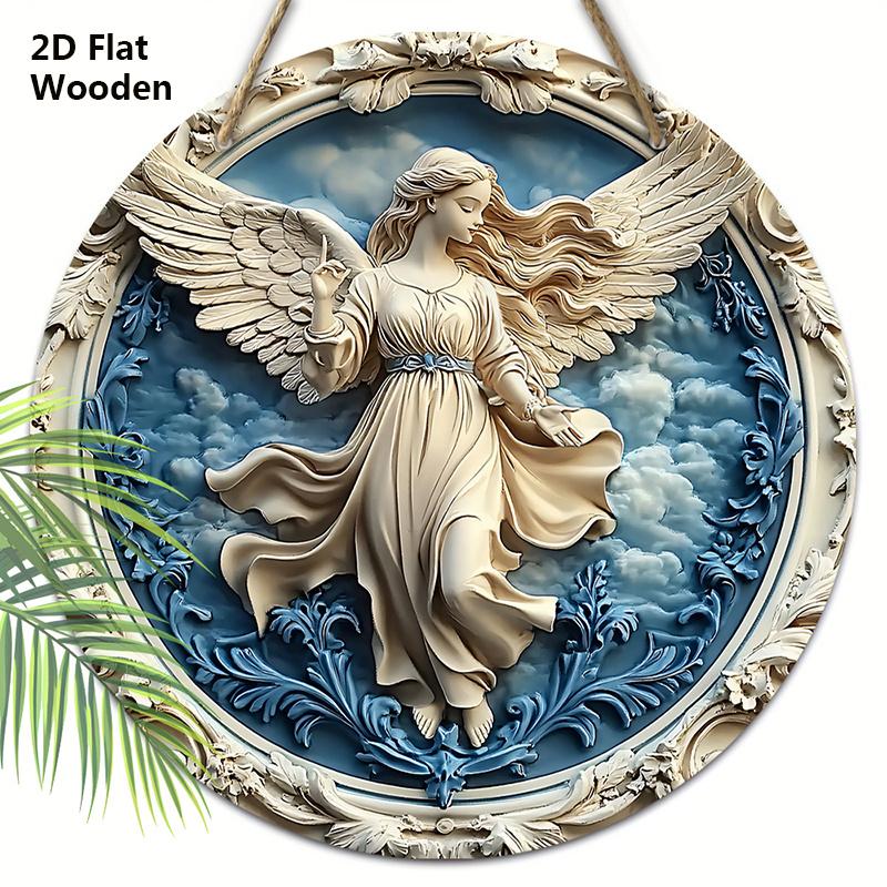 Holy Angel Wooden Sign - Beautiful Angel Round Artwork for Front Door Wall Home Hanging Decoration