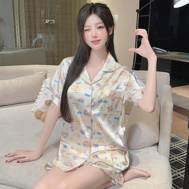 Women's Summer Pink Stripe Ice Silk Short Sleeve Pajama Set for Indoors and Outdoors