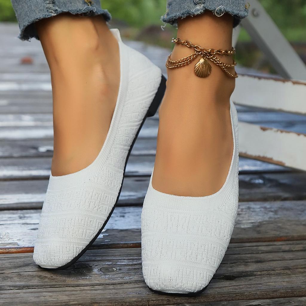 Fashion New Women Squaer Toe Flat Shoes Solid Color Knitted Slip On Shoes Casual Breathable Ballet Flats Women Flats Shoes Loafers Women