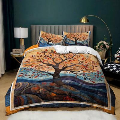 3pcs Bedding Set Featuring an Autumn Tree Landscape, Designed In a Bohemian Style. This Nature-Themed Quilt Set