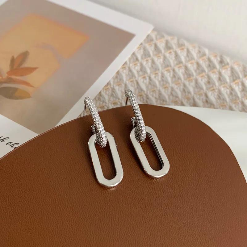 Temperament Two Section Double Link Dangle Earrings for Women Korean Charm Geometry silver Stainless Steel Stud Jewelry