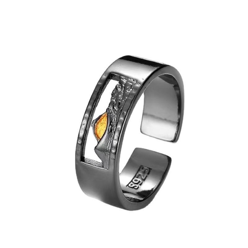 Adjustable Open Ring Men Women Geometric Mountain Design Minimalist Vintage Style Copper Plated