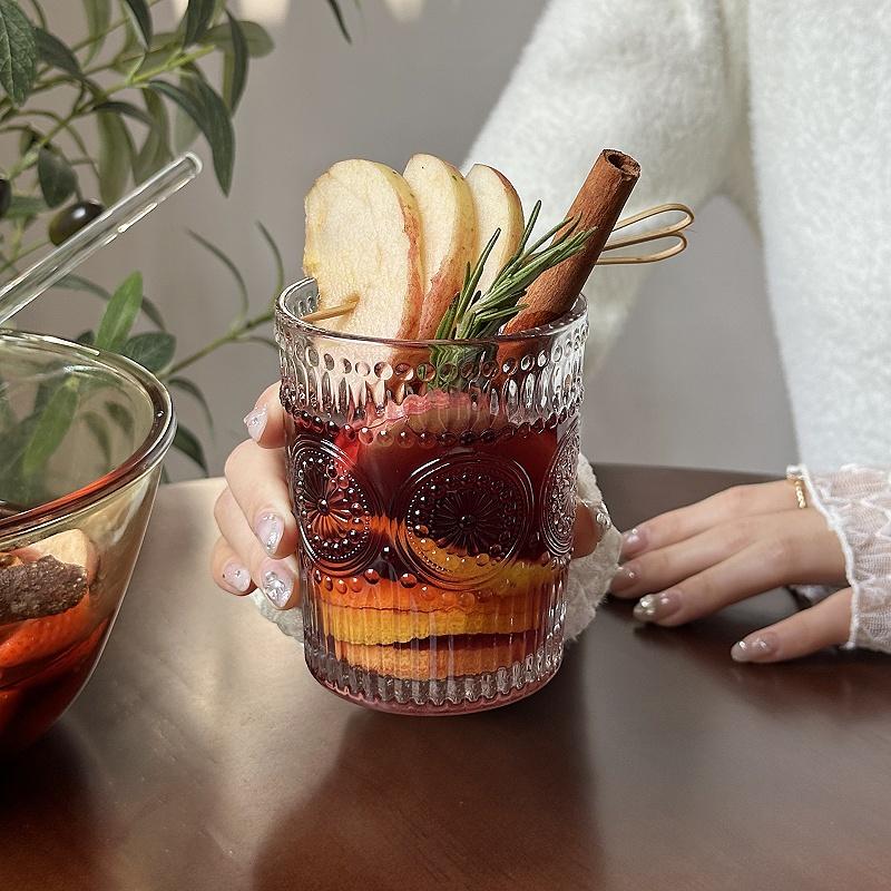 300ml/350ml Sunflower Pattern Glass Cup Exquisite Beer Glass Vintage Relief Water Cup Juice Milk Tea Mugs Household Drinkware